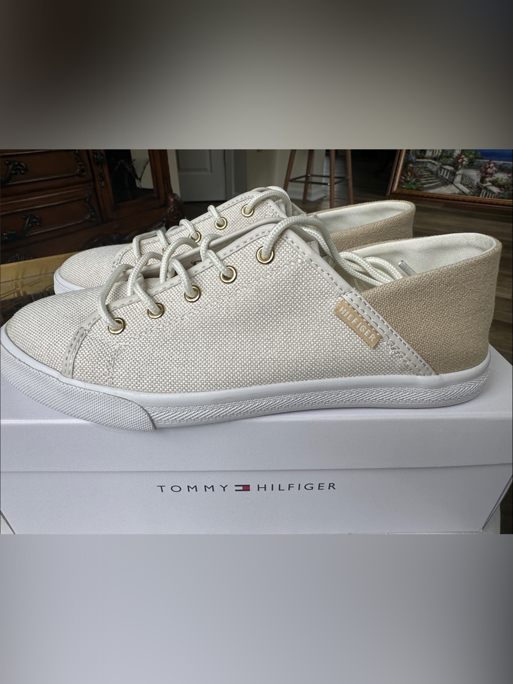Tommy Hilfiger Women's Cream Off-White Canvas Slip On/Off Soft Back Sneakers NEW
